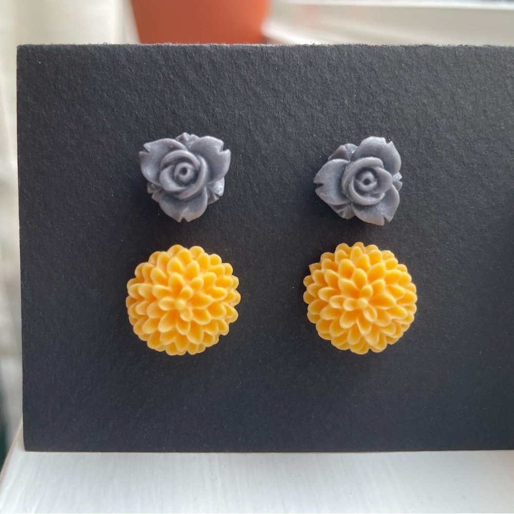 Gray and Yellow Floral Stud Earrings